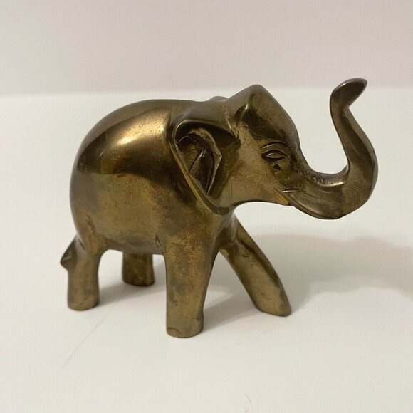 Vintage Brass Elephant Figure 3.5 Inch Long Trunk Up Figurine - Picture 16 of 16